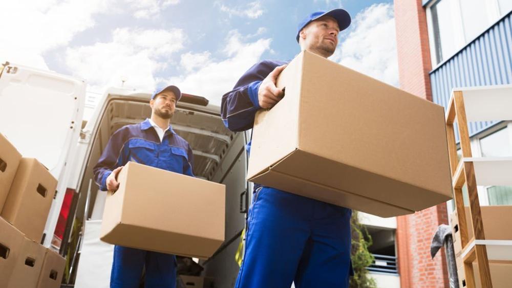 Two delivery men carrying cardboard box