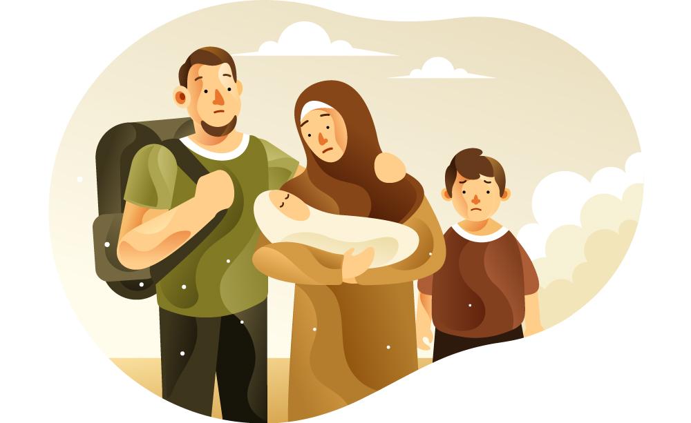 Refugee family with children illustration
