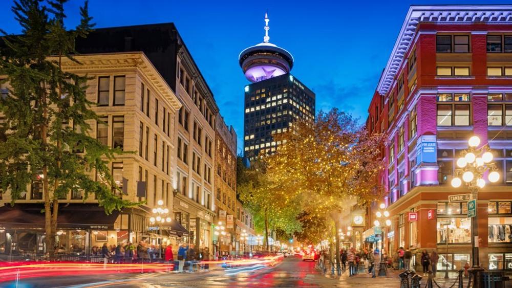Water street in Gastown and Vancouver lookout in downtown