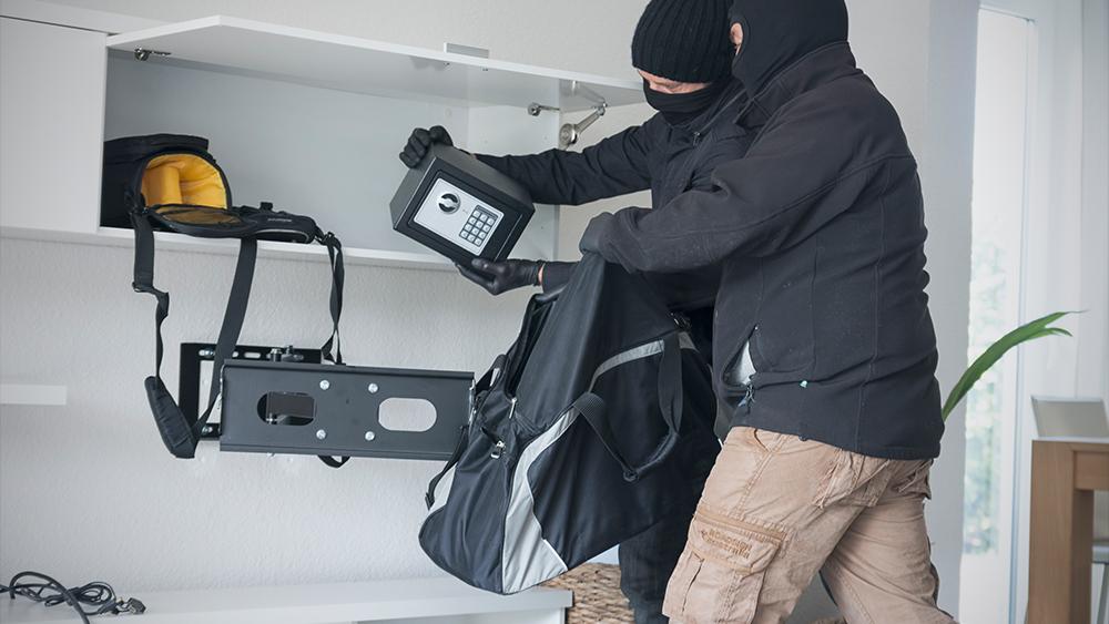 Two burglars in a family house stealing a safe box